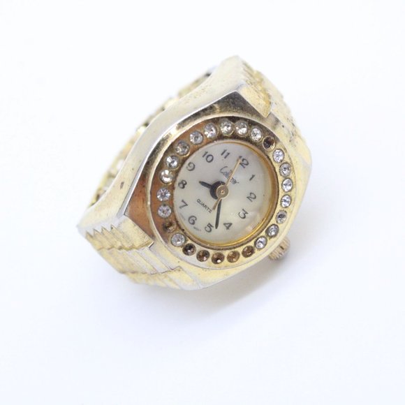 Vintage Collezio Ring Watch Mens Gold Tone Rhinestone Quartz Japan Movt Rare - Picture 2 of 4